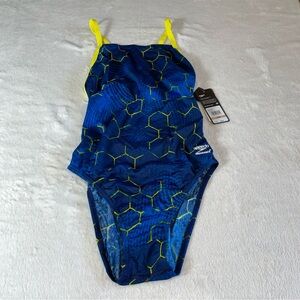 Speedo Endurance+ One Piece Swimsuit Women’s Size 12/38 Navy/Gold Flyback NWTS